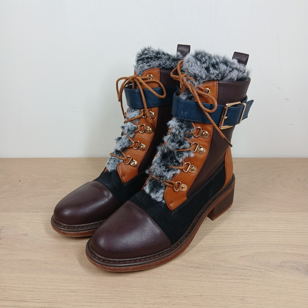Patrizia Combat Boots Women Size 8 Brown Faux Leather Fur Trim Buckle Colorblock